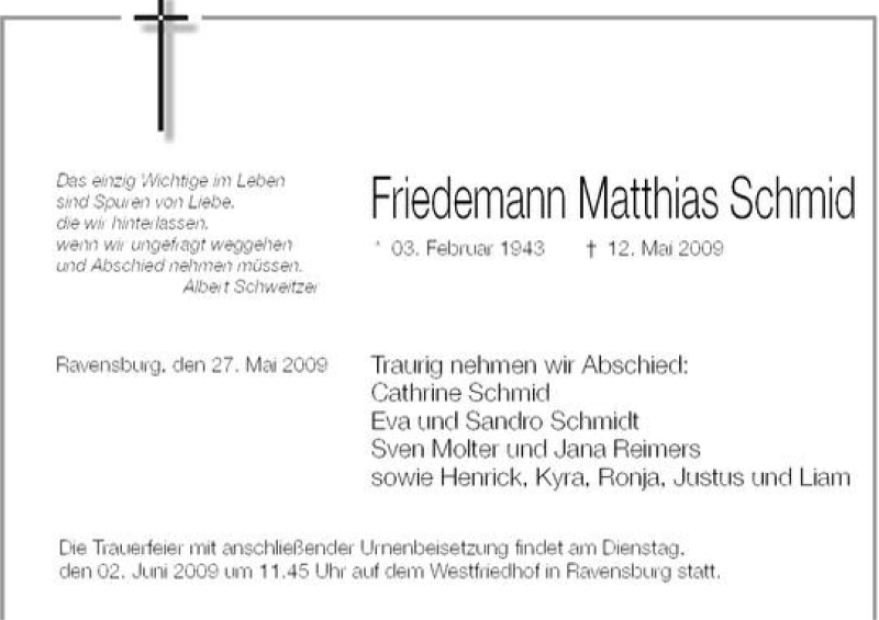  Traueranzeige für Friedemann Matthias Schmid vom 16.09.2014 aus Schwäbische Zeitung